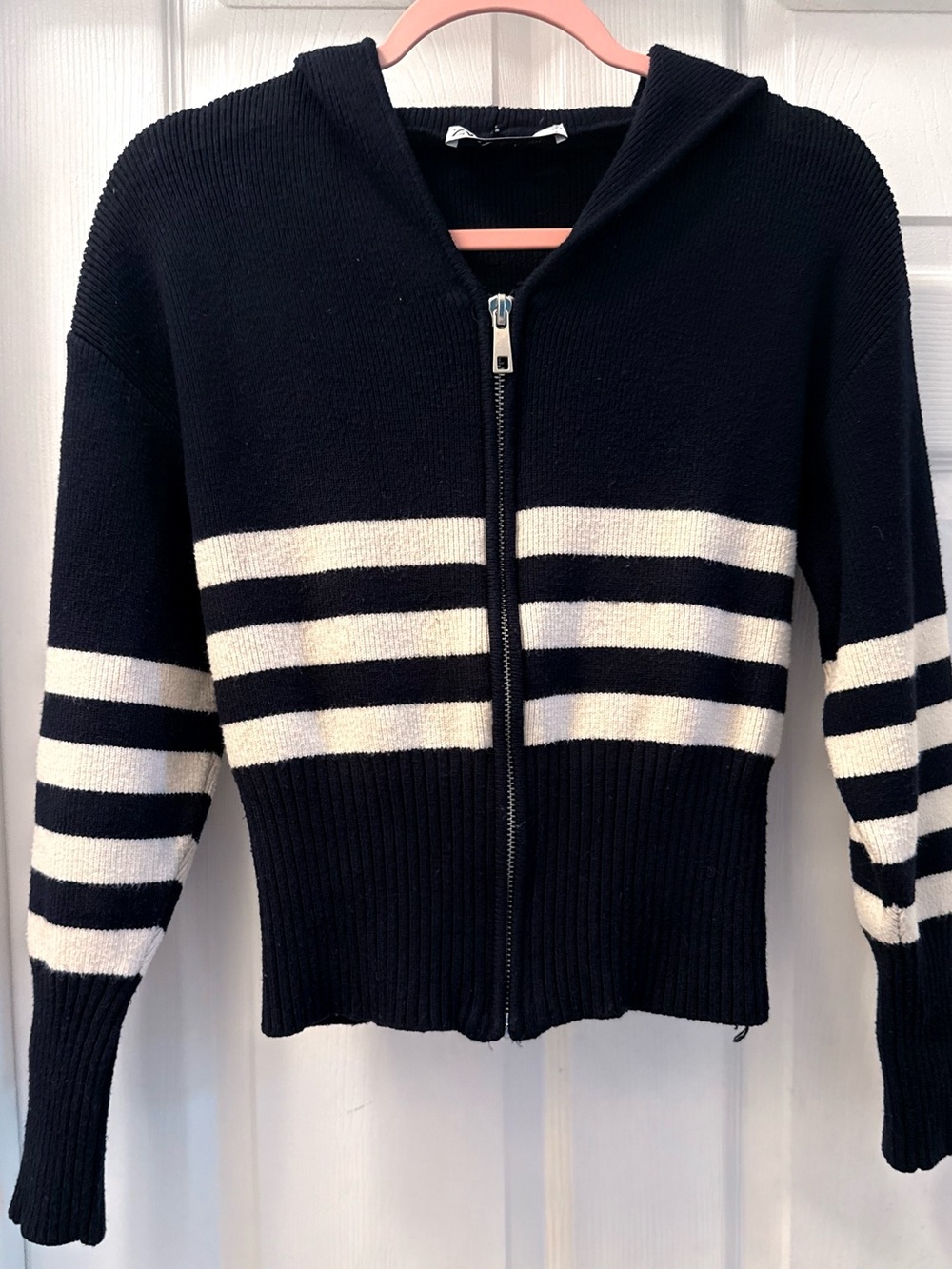 Black & White Striped Zip Hoodie Sweater
